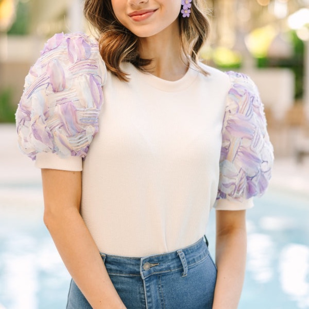 Entro Cream Top with Purple Puff Sleeves, Size S